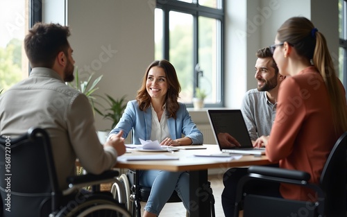 Businesswoman in wheelchair having business meeting with team at modern office. A group of young freelancers agree on new online business projects. High quality