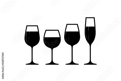 A minimalist illustration of four wine glasses filled with dark red liquid wine transparent background , no background