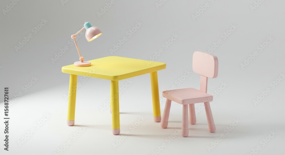 Fototapeta premium Pastel yellow table and pink chair with lamp