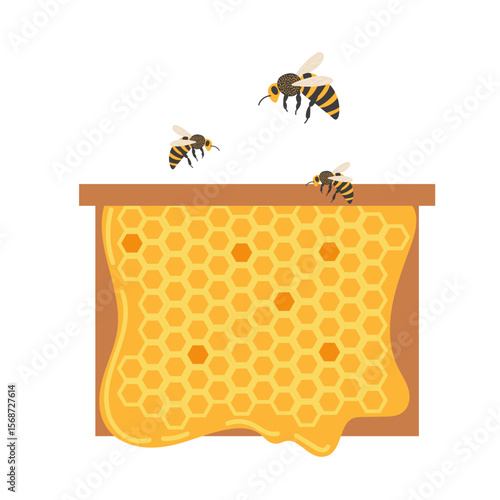 Bees harvesting honey from a hive during daytime in a sunny environment near flowers