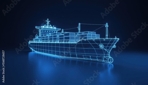 3d wireframe model of cargo ship marine industry digital art futuristic environment side view technology concept
