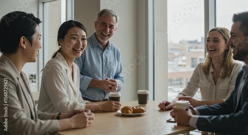 A group of diverse business people laughing and enjoying a light breakfast in a modern office