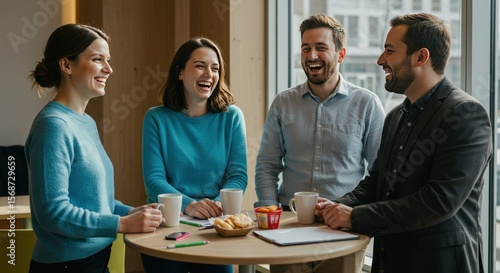 Four people laughing and chatting at a modern cafe table