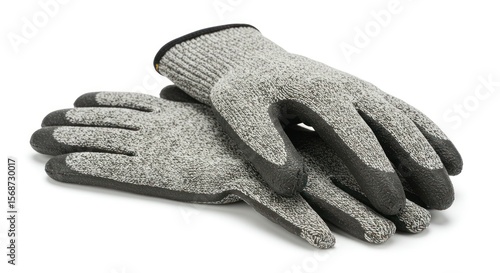 Pair of gray and dark-gray work gloves,  laid flat