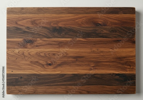 Close-up of a rectangular wooden cutting board.  Rich, dark wood grain in horizontal stripes.  Natural wood texture