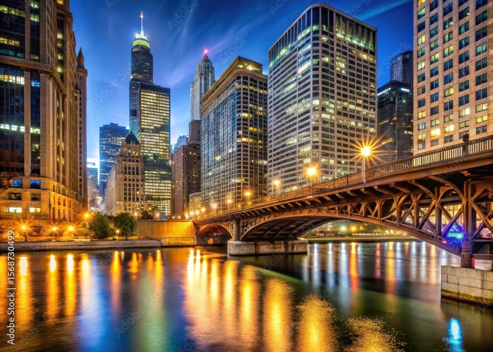 Obraz premium Chicago Bridge at Night Side View