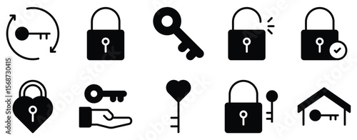 Keys and Locks Icon Set Solid Style Collection representing security access and protection suitable for cybersecurity systems physical security solutions and user interface design