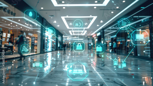 Futuristic shopping mall with digital overlays and shoppers