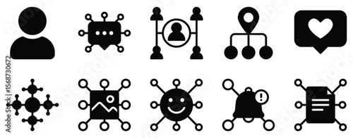Social Network Icon Set Solid Style Collection representing online interactions and digital communication suitable for social media platforms community building and networking applications