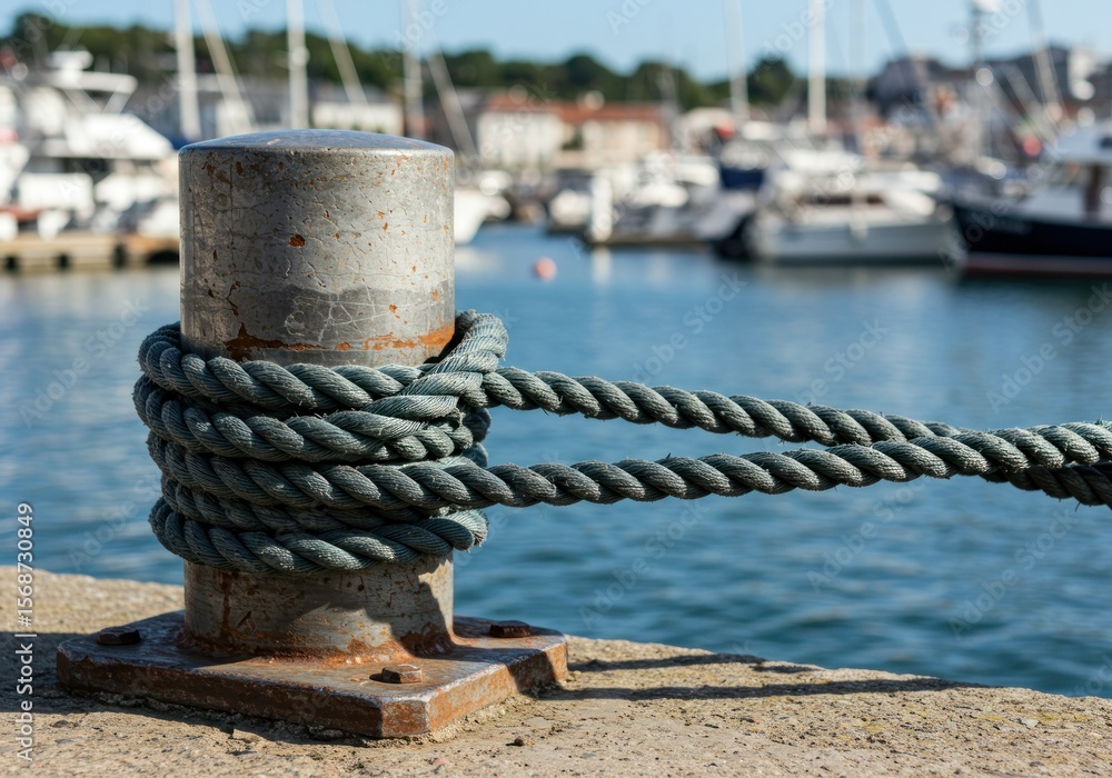 Fototapeta premium Close-up of a mooring bollard with tied ropes in a harbor