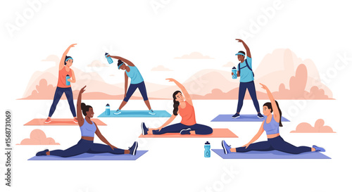 Diverse Group of People Enjoying Outdoor Yoga and Stretching Exercises