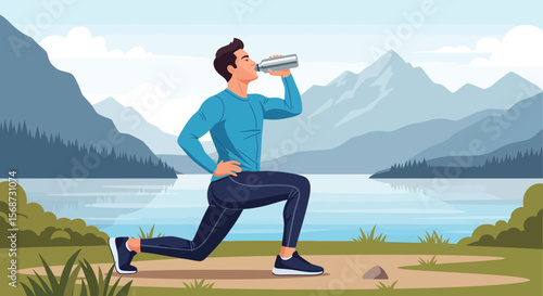 Hydration and Fitness Man Doing Lunges by a Lake, Mountain View