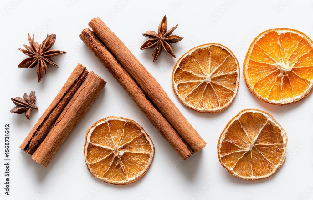 Fototapeta premium Dried citrus slices, cinnamon sticks, and star anise