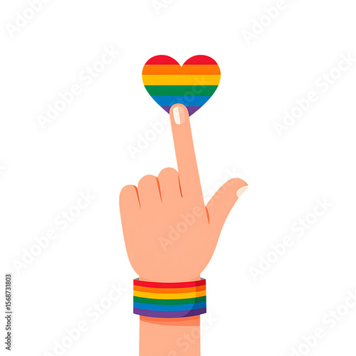 A hand with a pride bracelet touches a rainbow colored heart, a powerful symbol for love, equality, freedom, and rights.