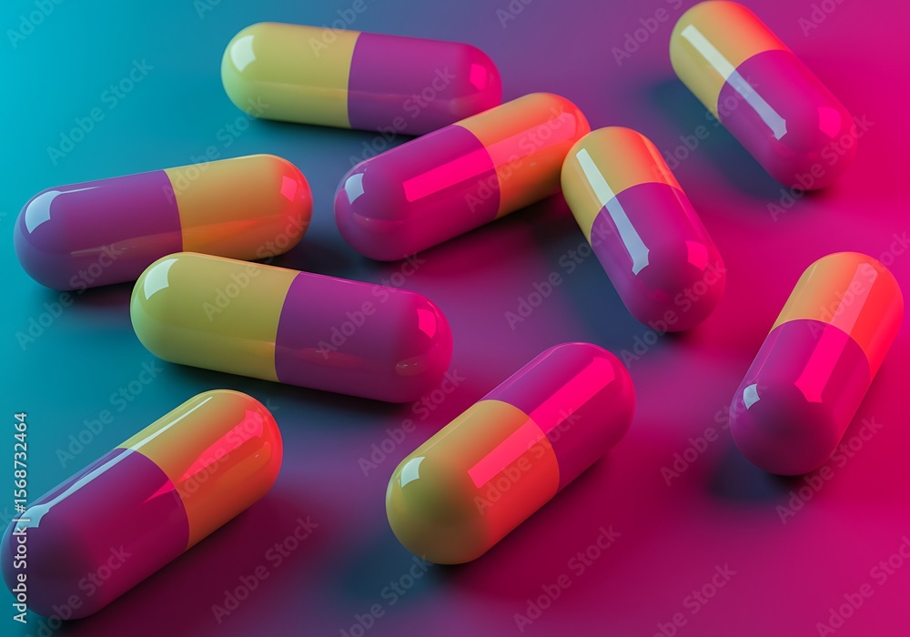 Colorful pills scattered on a vibrant surface Colorful pills scattered on a vibrant surface