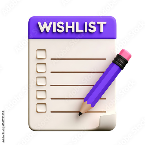 Vivid 3D icon wishlist notepad with purple pencil, symbolizing shopping desires, personal aspirations, and future planning.
