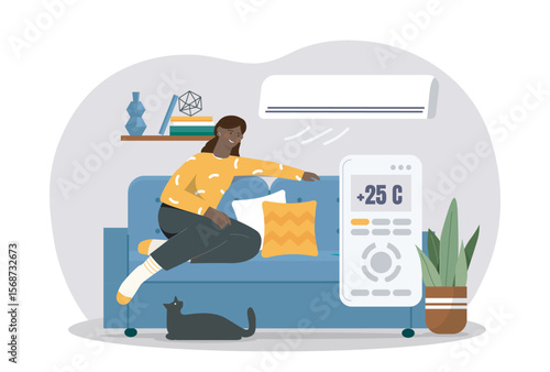 Woman sitting on a couch adjusting air conditioner temperature with remote control, modern flat style, indoor home background. Concept of home comfort. Vector illustration