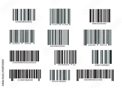 Multiple barcode patterns with numeric codes displayed in black on a white background, showing different barcode styles for identification and labeling. Vector illustration