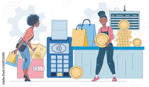 Two women engaged in shopping and payment activities, surrounded by money, shopping bags, and a large payment terminal on a white background. Vector illustration