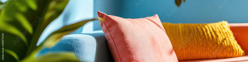 Fototapeta premium Coral, Yellow, and Blue Decorative Pillows on Sofa