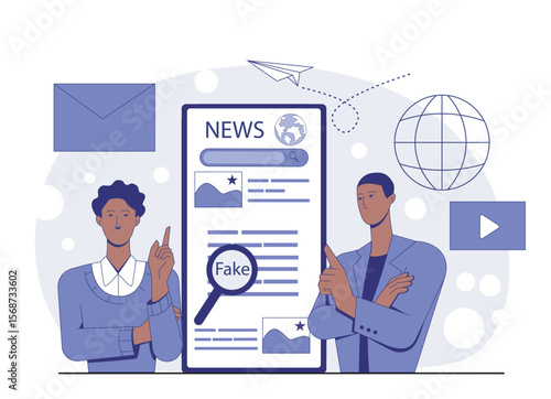 Two people examine online news on a large smartphone screen, surrounded by icons like a globe and email, symbolizing misinformation awareness. Vector illustration