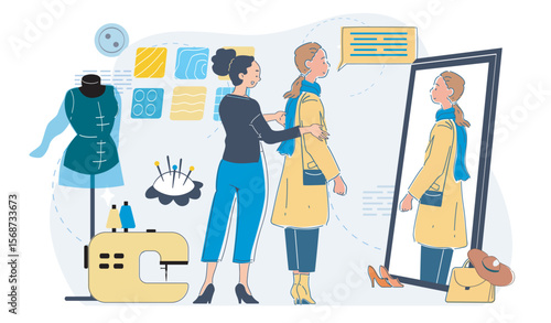A tailor adjusts a woman's coat in front of a mirror in a fashion studio with tools, mannequin, and sewing machine, showing custom tailoring concept. Vector illustration