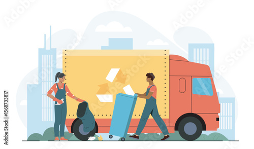 Two workers collecting garbage and recyclable waste beside a red recycling truck with a recycle sign, in flat cartoon style, on urban city background. Vector illustration