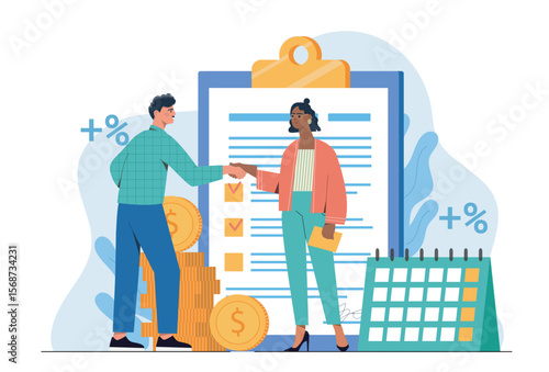 Two businesspeople shaking hands in front of a large clipboard document, with coins, calendar, and percent signs around, on a white background. Concept of partnership. Vector illustration
