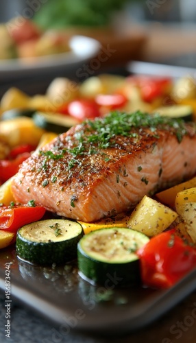 Baked salmon with roasted vegetables