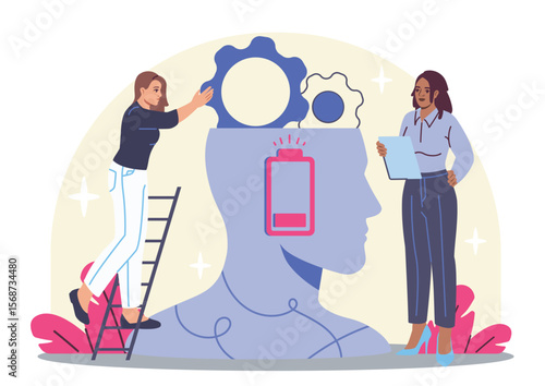Two women interacting with a giant human head, one adjusting gears inside, the other holding a clipboard, on a light background. Concept of mental health care. Vector illustration