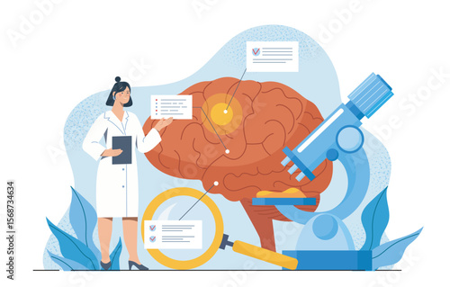 Female scientist studying human brain with microscope and magnifying glass in flat cartoon style on abstract background. Concept of neurology and science. Vector illustration