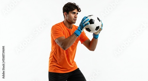 Soccer goalie in orange jersey, catching ball