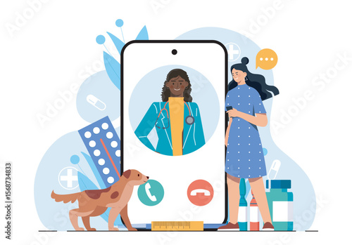 Woman consulting a veterinarian online through smartphone, flat cartoon style, white background with medical symbols, concept of virtual pet care. Vector illustration