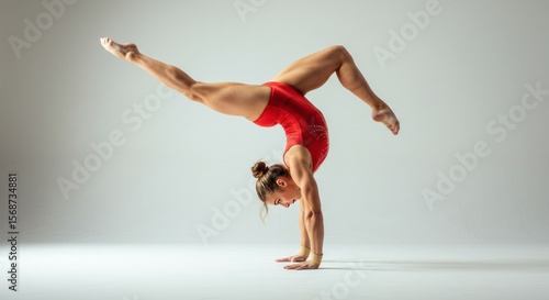A female gymnast in a handstand, legs extended