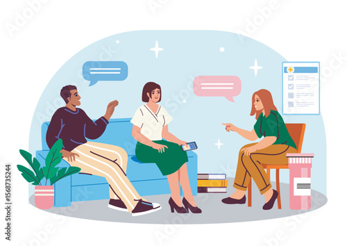 Group therapy session with a counselor engaging two patients on a couch, modern flat style, indoor clinical background, concept of mental health support. Vector illustration