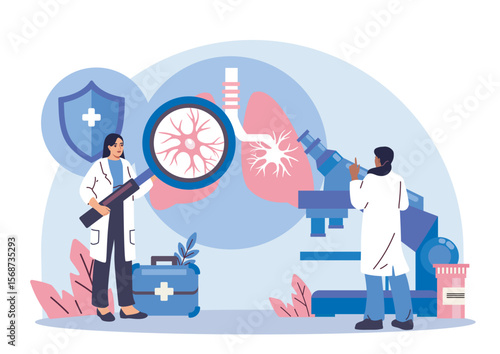 Scientists analyzing lung structure and cells with magnifying glass and microscope, flat graphic style, on abstract blue background. Concept of health research. Vector illustration