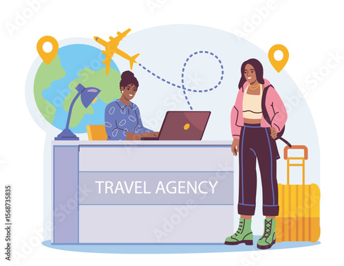 Female travel agent helps young woman with suitcase at travel agency counter, cartoon style, white background, concept of vacation planning. Vector illustration