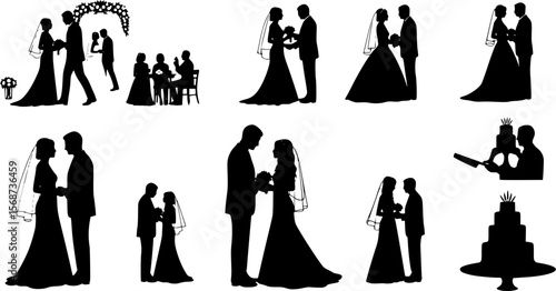 Vector, isolated silhouette of wedding, couple, bride, groom, marriage collection, set,
