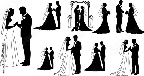 Vector, isolated silhouette of wedding, couple, bride, groom, marriage collection, set,
