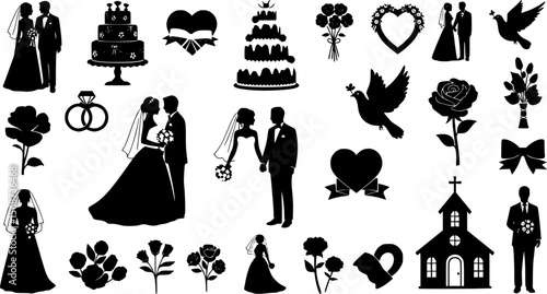 Vector, isolated silhouette of wedding, couple, bride, groom, marriage collection, set,
