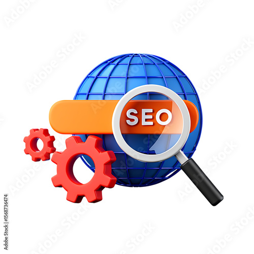 Digital marketing SEO strategy for global search, featuring a 3D magnifying glass, a world icon, and optimization gears.