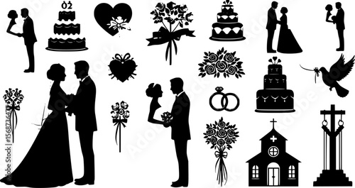 Vector, isolated silhouette of wedding, couple, bride, groom, marriage collection, set,
