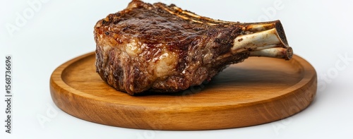 Grilled bone-in ribeye steak on wooden board.