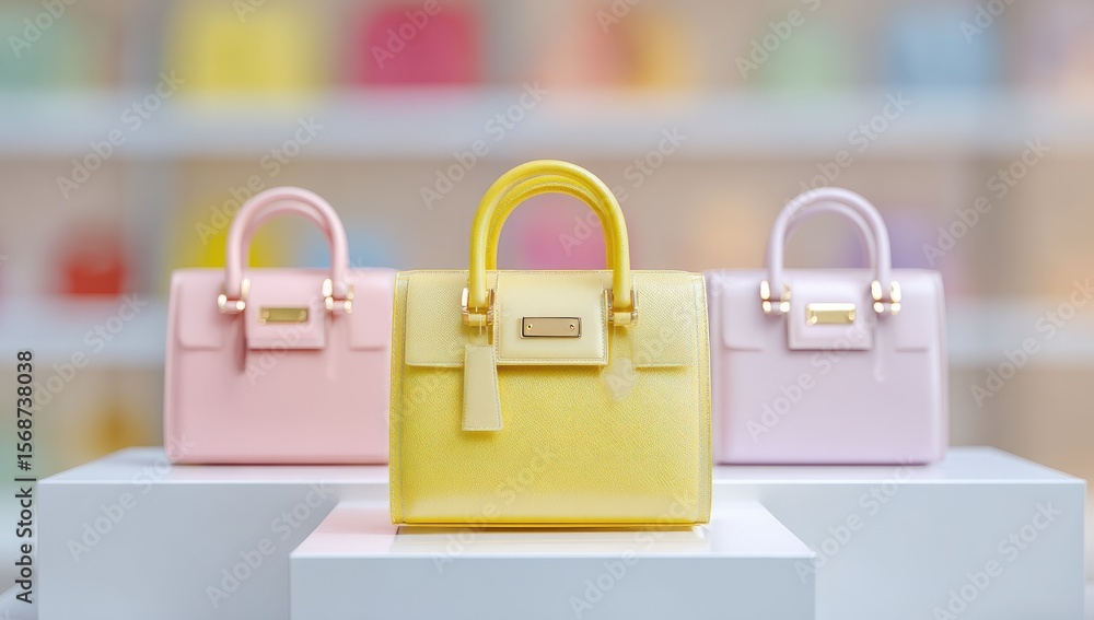 Fototapeta premium Three pastel-colored handbags on white display stands in a store