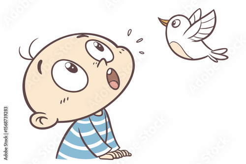 Vector cute Baby Boy cartoon character, with a surprised expression and wide eyes, wearing a blue and white striped shirt and looking at a flying bird, in an amazed, innocent style, isolated on white 