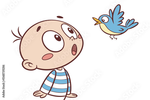 Vector cute Baby Boy cartoon character, with a surprised expression and wide eyes, wearing a blue and white striped shirt and looking at a flying bird, in an amazed, innocent style, isolated on white 