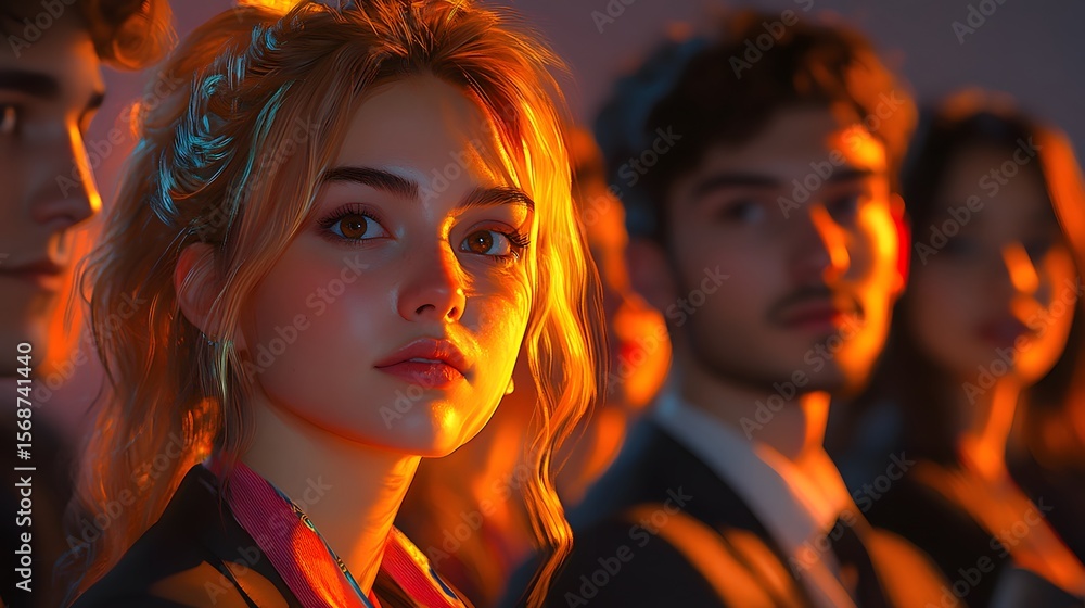 Fototapeta premium Young woman among peers, warm light, serious expression