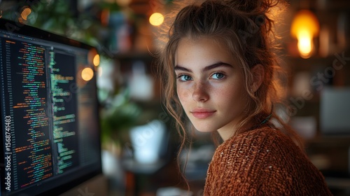 Young woman coding, home office, night, bokeh