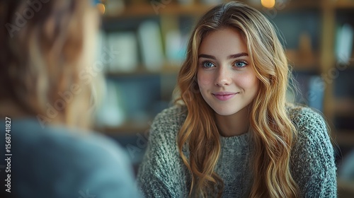 Young woman smiles, cafe conversation, blurred background