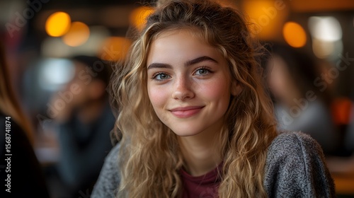 Young woman smiling, cafe setting, bokeh background
